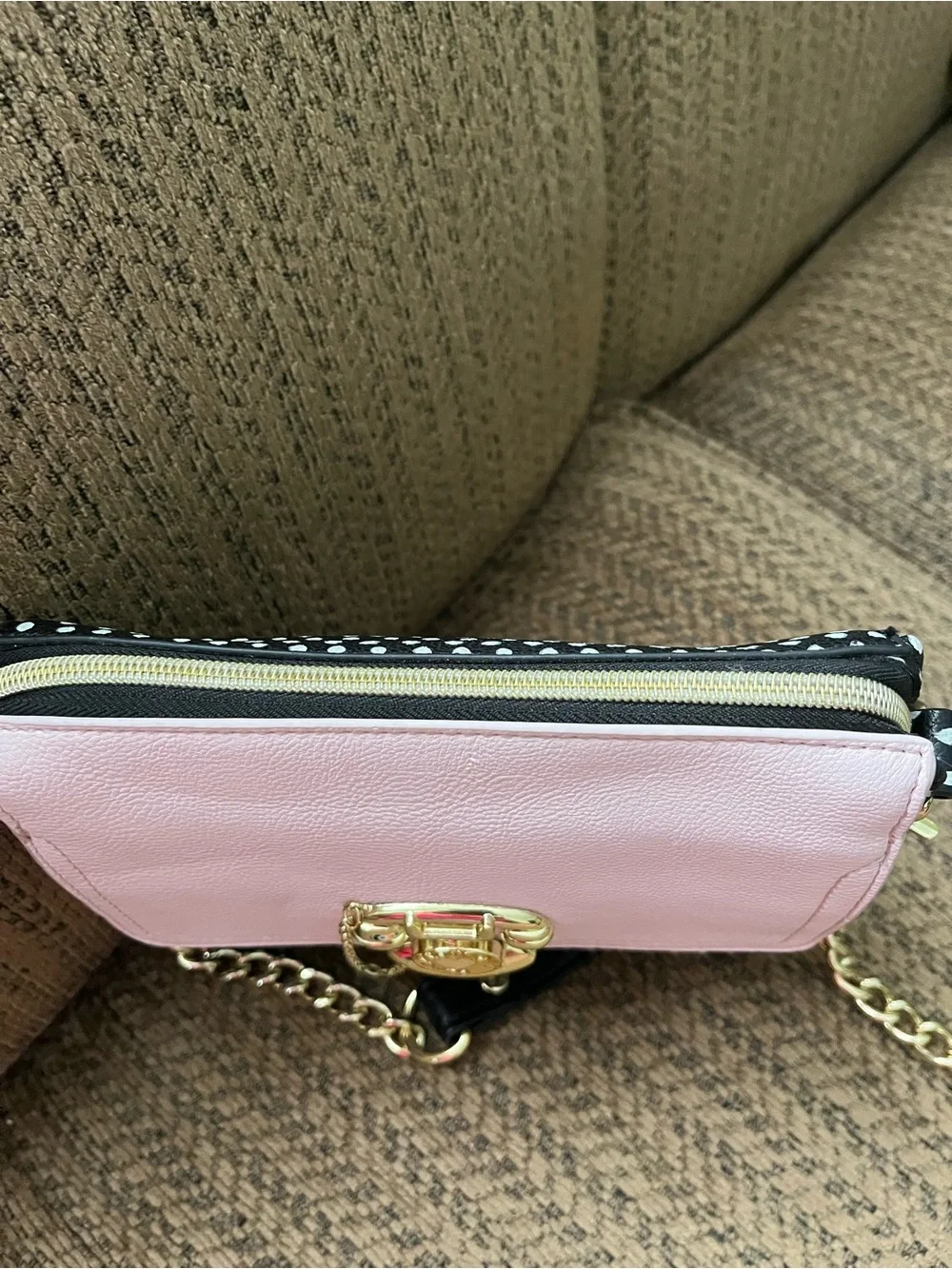 Betsey Johnson Pink, Black and White Polka Dot Crossbody Bag with Gold Hardware